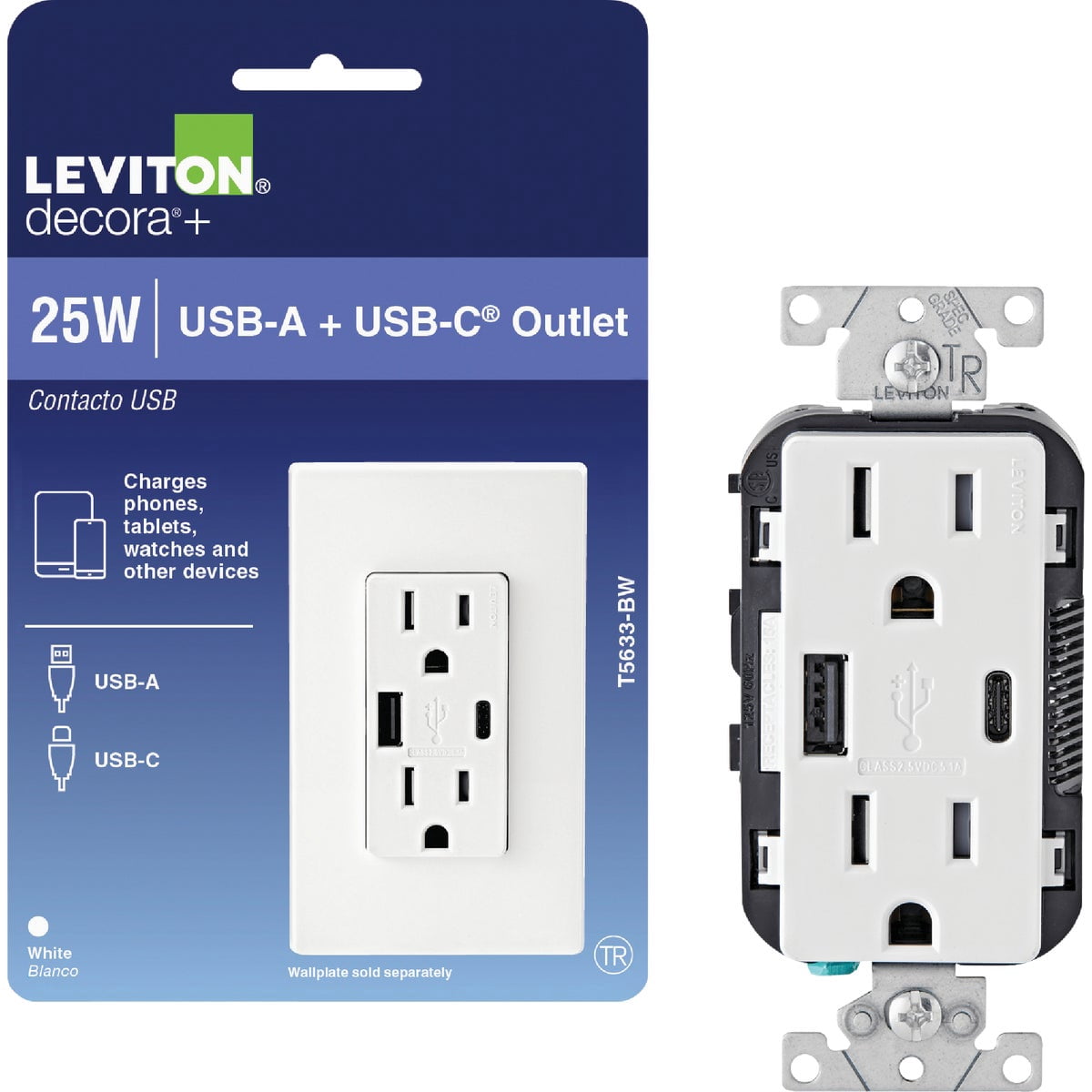 Leviton T5633-E Decora USB Type-A/Type-C Wall Outlet Charger, 15A, Black