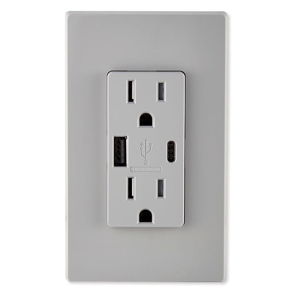 Leviton T5633-GY Decora USB Type-A/Type-C Wall Outlet Charger, 15A, Gray