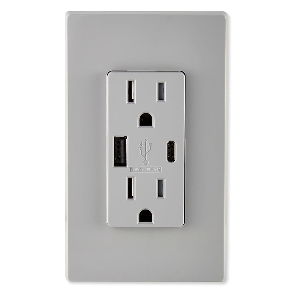Leviton T5633-GY Decora USB Type-A/Type-C Wall Outlet Charger, 15A, Gray