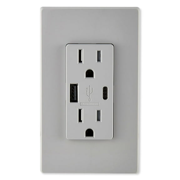 Leviton T5633-GY Decora USB Type-A/Type-C Wall Outlet Charger, 15A, Gray
