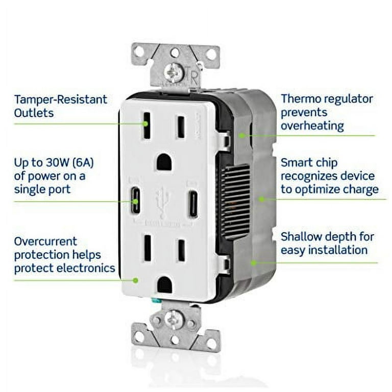 Leviton 30-Watt 6 Amp USB Dual Type-C with Power Delivery In-Wall Charger/15 Amp 125-Volt Tamper-Resistant Outlet, White Leviton 30-Watt 6 Amp USB Dual Type-C with Power Delivery In-Wall Charger/15 Amp 125-Volt Tamper-Resistant Outlet, White