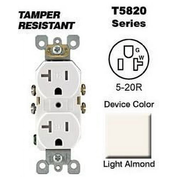 Leviton T5820-T, 20 Amp Tamper-Resistant Duplex Outlet, Light Almond