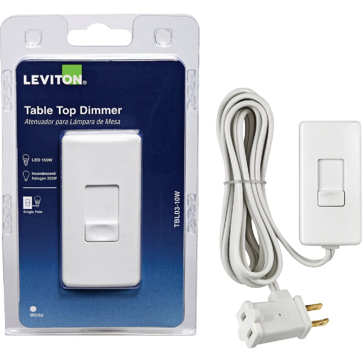 Leviton Table Top Plug in Lamp Dimmer for Dimmable LED, Halogen and Incandescent Bulbs, TBL03-10W, White