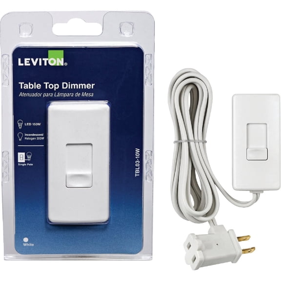 Leviton Table Top Plug in Lamp Dimmer for Dimmable LED, Halogen and Incandescent Bulbs, TBL03-10W, White