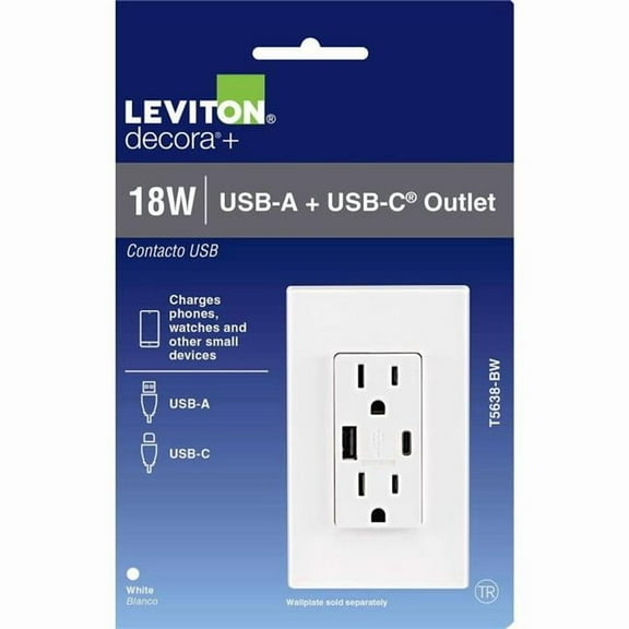 Leviton Decora White 15 Amp Tamper Resistant Duplex Outlet with USB Charger Type A/C 3.6 Amp 18-Watt Outlet 1-Pack (T5638-BW)