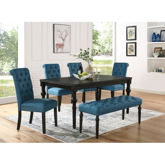 Leviton Urban Style Wood Dining Set - Table, 4 Chairs & Bench, Dark Wash Finish, Wood Frame, Black Legs, for Dining Room, Seats 6, Rectangular Table