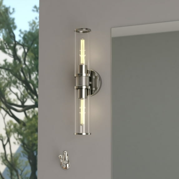 Levitt 2 Light Polished Nickel Mid Century Modern Industrial Bathroom Vanity Fixture Clear Glass