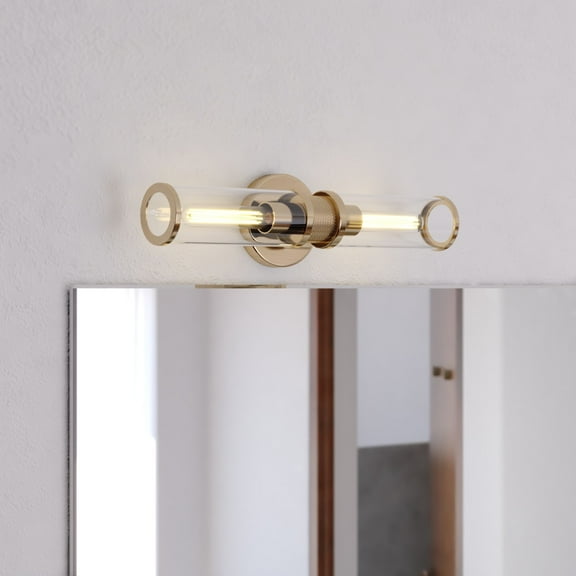 Levitt 2 Light Satin Brass Mid-Century Modern Industrial Bathroom Vanity Fixture Clear Glass