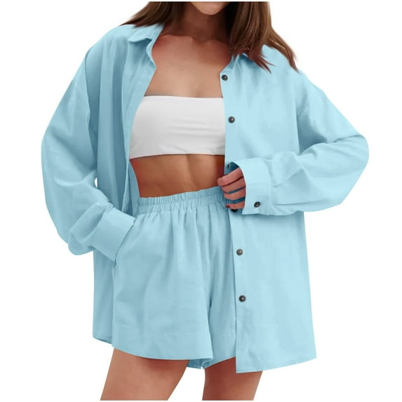 Levmjia 2 Piece Outfits For Women Casual Casual Turtleneck Long Sleeve Pocket Cardigan Top Shorts Sets Solid Color Trendy Loose Daily Wear