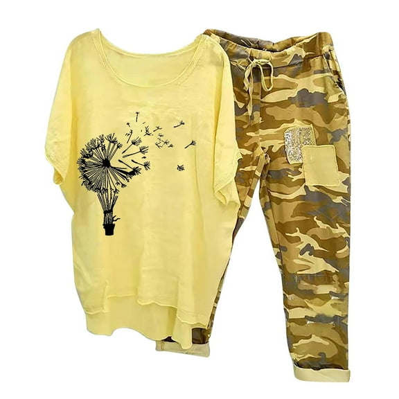 Levmjia 2 Piece Sets For Women Summer Cotton Linen Short Sleeve Crewneck T-Shirt & Pants Set Casual Summer Camouflage Print Loose Fit Home Outdoor Comfort Outfit