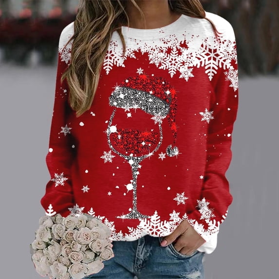 Levmjia 2023 Fall Women's Christmas Print Sweatshirt Ladies Loose Long Sleeve Round Neck Pullover Top