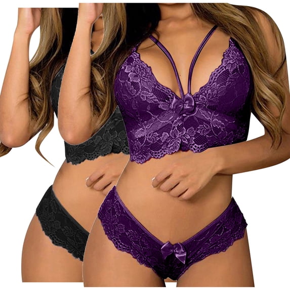 Levmjia 2PC Womens Lace Lingerie Set Ruffled Trim Wireless Adjustable Spaghetti Strap V Neck Bra And Bow Decor Thong Set Bedroom Honeymoon Dates Romantic
