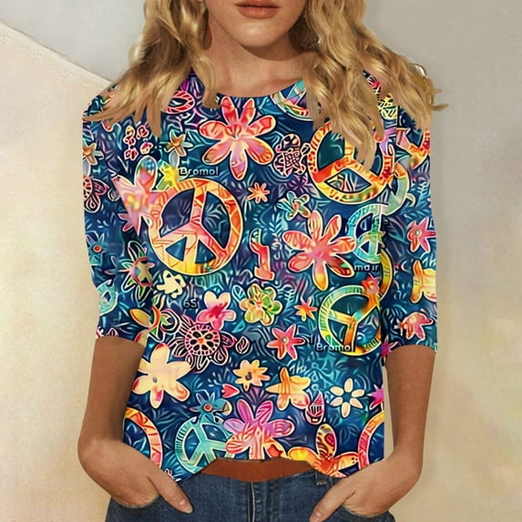 Levmjia 3/4 Length Sleeve Womens Tops Fall Women's Casual Fashion T-shirt Printed 3/4 Sleeve Round Neck Ruched Pullover Blouse Tops