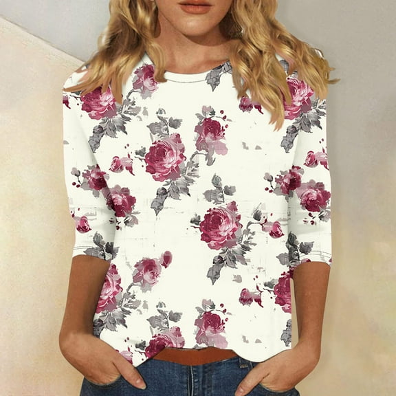 Levmjia 3/4 Length Sleeve Womens Tops Fall Women's Fashion Printed Round Neck 3/4 Sleeve T-shirt Loose Tops Long Sleeve Round Neck Tops/Shirt
