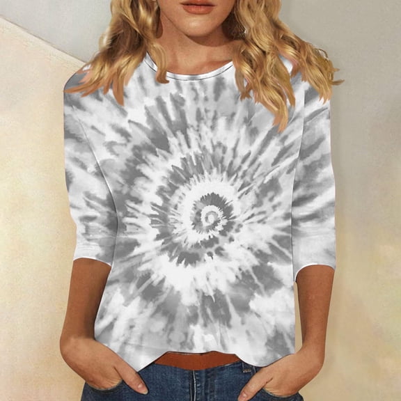 Levmjia 3/4 Length Sleeve Womens Tops Fall Women's Independence Day Fashion Printed Round Neck 3/4 Sleeve T-shirt Top