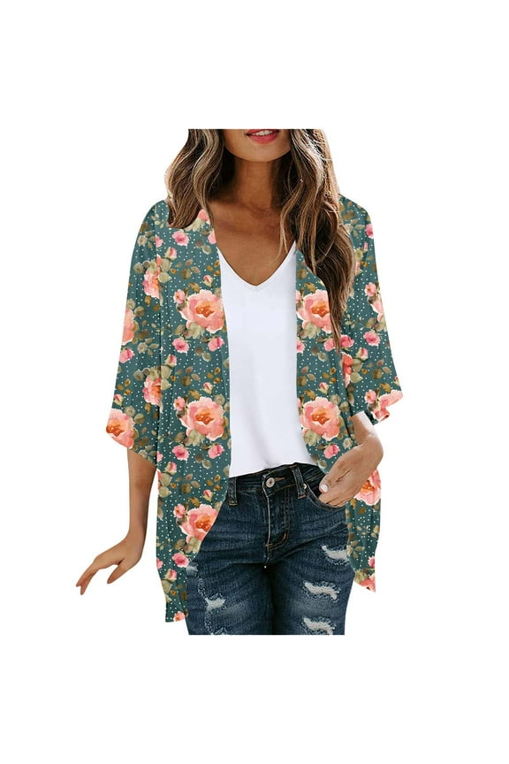 3/4 Sleeve Cardigan For Women Lightweight pring Summer Long Sleeve Round Neck Casual Loose Fit Polyester Spandex Blend Multi-Color Available for Daily Wear Sale