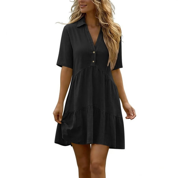 Levmjia Button Down Dress For Women Casual Cotton Linen Short Sleeve Solid Color Polyester Crew Neck Comfortable Summer Daily Wear