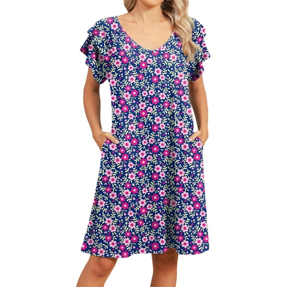 Levmjia Casual Dresses For Women Summer Floral V-Neck Short Sleeve Polyester Comfortable Loose Fit Plus Size Beach Vacation Multi Color Option
