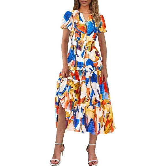 Levmjia Casual Dresses For Women Summer V-Neck Sleeveless Flowy Printed Polyester Elastic Waist Comfortable Beach Vacation Outfit Multi Color Options