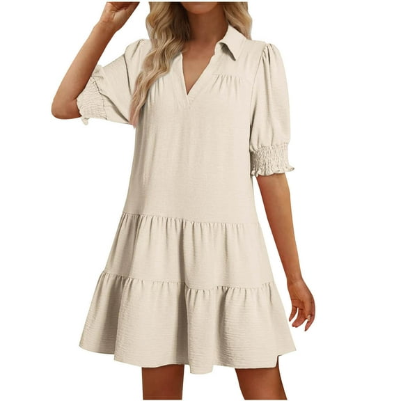 Levmjia Casual Dresses For Women Summer V Neck Short Sleeve Flowy Polyester Comfortable Loose Fit Floral Print Beach Vacation Party Work Office Multi Color Options