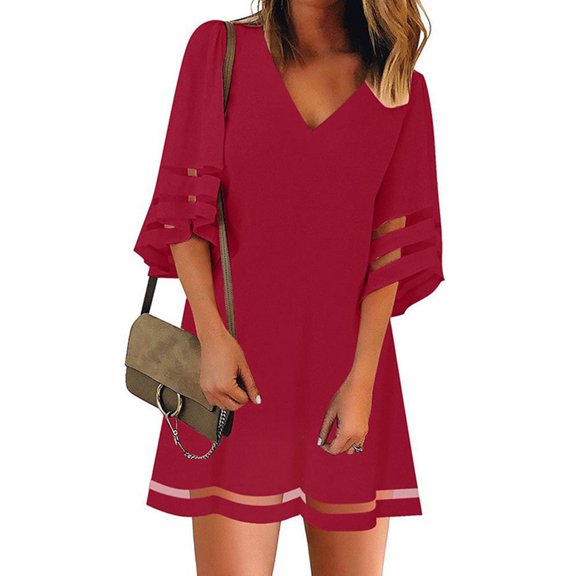 Levmjia Dresses For Women Vacation Solid Color V-Neck Chiffon Short Sleeve Loose Fit Beach Vacation Available Summer