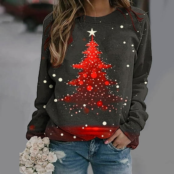 Levmjia Women Promotion Fall Winter Long Sleeves Fashion Casual Shirts Christmas Printing Round Neck Sweatshirt Crewneck Pullover Tunic Tops
