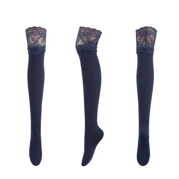 Levmjia Compression Socks For Women Comfort Fit Spring Autumn Solid Color Warm Lace Lengthened Over-the-knee Socks Stockings