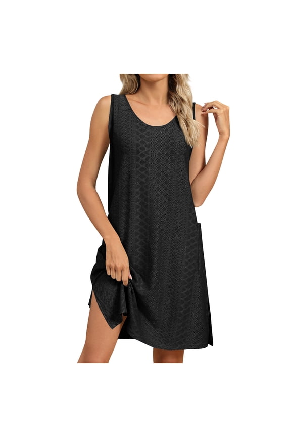 Cotton Dresses For Women Summer Casual Sleeveless Round Neck Flowy Polyester Solid Color Beach Vacation Party Wear