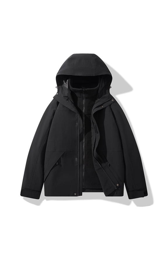 Couple Matching 3-in-1 Detachable Jacket 100% Polyester Twill Windbreaker Unisex Color Block Hiking Coat Hooded Outdoor Workwear Parka Two-Layer Water Resistant Raincoat S-4XL