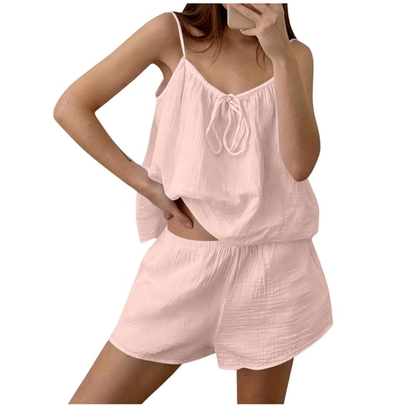 Levmjia Dressy Two Piece Sets For Women Solid Color Imitation Cotton And Linen Suspender Summer Sleeveless Top and Shorts Set Casual Outfit For Daily Wear Home