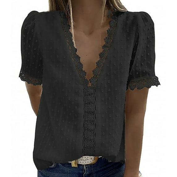 Levmjia Fashion Women's Plus Size Tops Women Fashion Lace Short Sleeve Casual T-shirt V-neck Solid Color Top