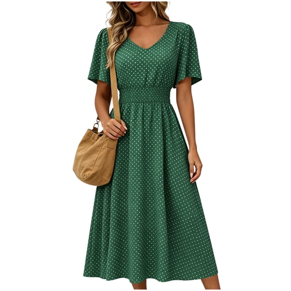 Levmjia Flowy Midi Dresses for Women V Neck Short Sleeve Polka Dot Dress Summer Casual Fashion Loose Fit Swing Party Beach Vacation