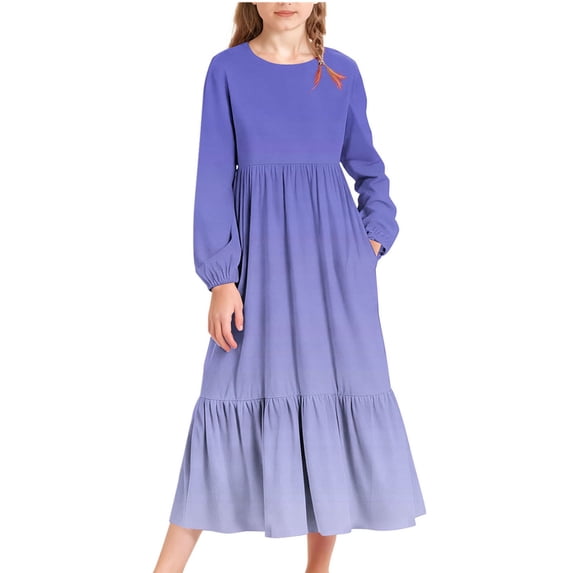 Levmjia Girls 4 - 15 Years Old Color Block Gradient Long Sleeve Crew Neck Dress with Side Pockets Casual Maxi Dress for Teens 120 - 170 Size Little Girls Dress