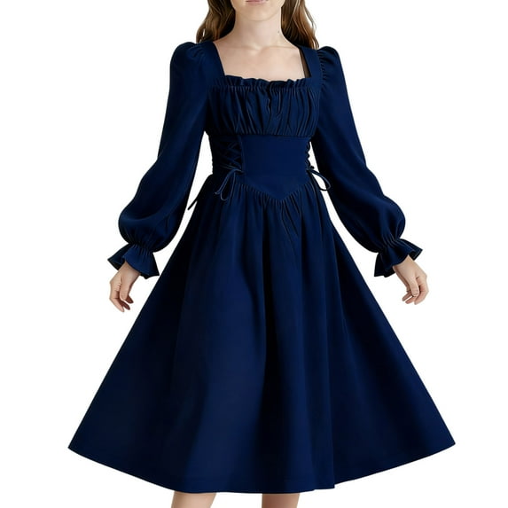Levmjia Girls 8 - 15 Years Old Spring Autumn Solid Color French Style High - End Long Sleeve Square Neck Cinched Waist Mid - Length Dress, Polyester Fabric for Tween Girls Size 130 - 170