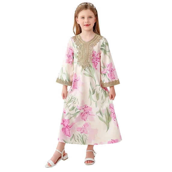 Levmjia Girls Ethnic Long Sleeve Floral Dress 110-150, Ankara Caftan Robe, Kids Formal Party Wear, Nylon Spandex Fabric, Cultural Outfit for Girls
