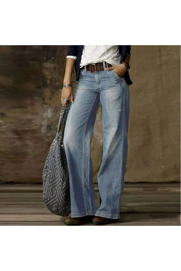 Jeans Denim Pants for Women Plus Size High Waist Versatile Straight Slender Loose Wide Leg Long Work Trousers with Pockets