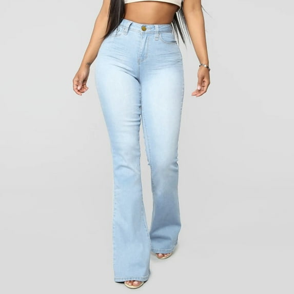 Levmjia Jeans for Women Plus Size Pants Clearance Women Trendy Leisure Pocket Button Trousers Slightly Flared Pants Denim
