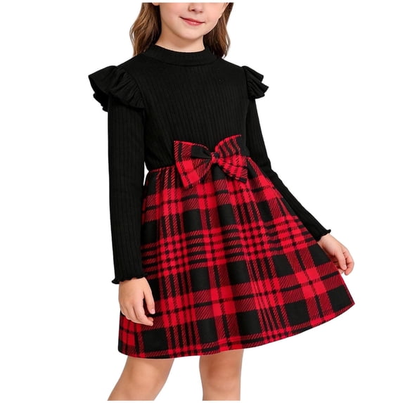 Levmjia Kids Plaid Dress Long Sleeve Round Neck Girl Bowknot Sleeve Casual Comfortable Dress for Girls Fall Winter Outfit Children's Dress 4-9 Years