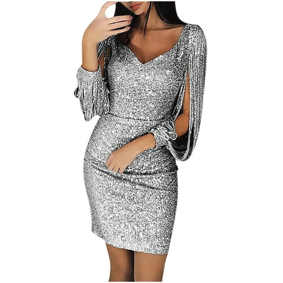 Levmjia Ladies Maxi Party Dress Petite Women Solid Sequined Stitching Shining Club Sheath Long Sleeved Mini Dress White
