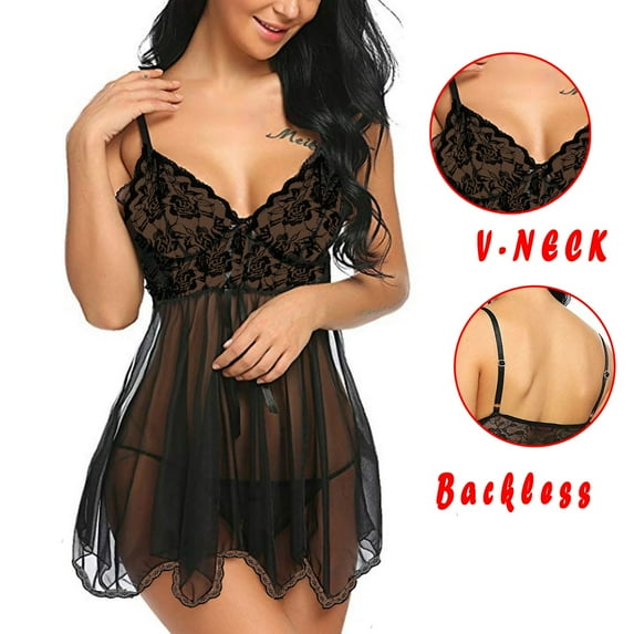 Levmjia Womens Lingerie Ladies Underwire Cute Lace Black Thong Set Sleepwear Nightdress Backless Pajamas