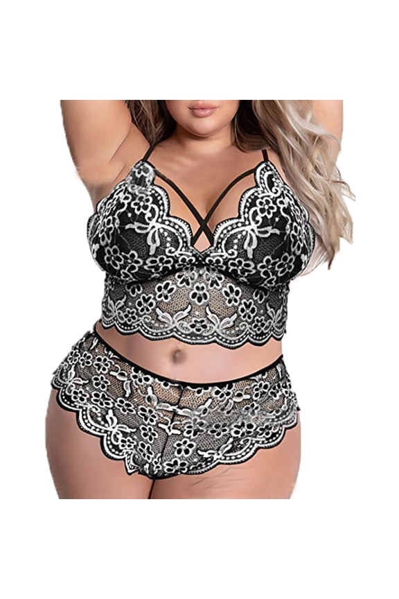 Lingerie Set for Women Plus Size Lace Printed Wireless Bra Thong Hollow Out Sleepwear Comfortable Sleep Relax Home Wear