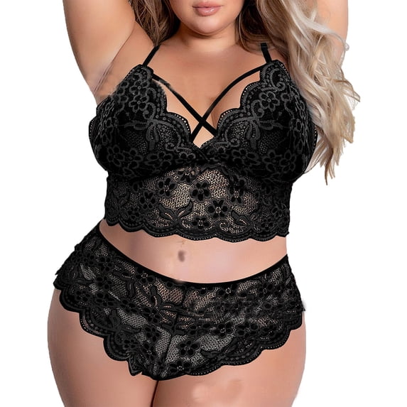 Levmjia Lingerie Set for Women Plus Size Lace Printed Wireless Bra Thong Hollow Out Sleepwear Comfortable Sleep Relax Home Wear