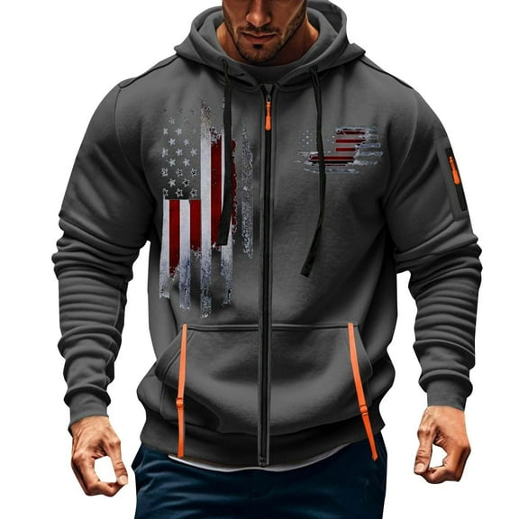 Levmjia Men's American Flag Print Workwear Jacket Hooded Zip Up 100% Polyester Japanese Sweatshirt Multi Pocket Casual Streetwear Loose Fit S-4XL Dark Gray