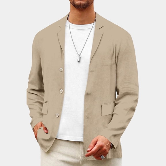 Levmjia Men's Blazer Notch Lapel Sport Coat 3-Button Casual Jacket 100% Polyester Linen-Style Patch Pocket Blazer Business Casual Suit Jacket Sizes S to 3XL