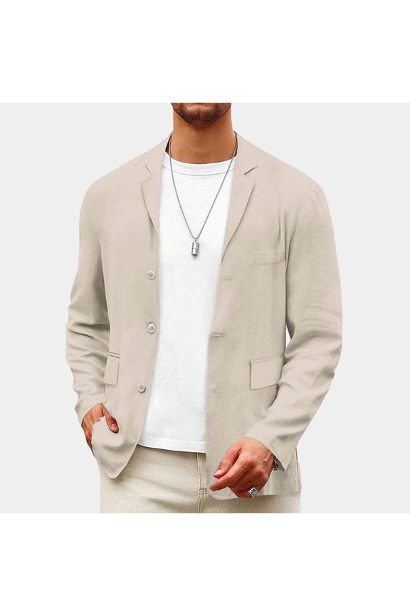 Men's Blazer Notch Lapel Sport Coat 3-Button Casual Jacket 100% Polyester Linen-Style Patch Pocket Blazer Business Casual Suit Jacket Sizes S to 3XL