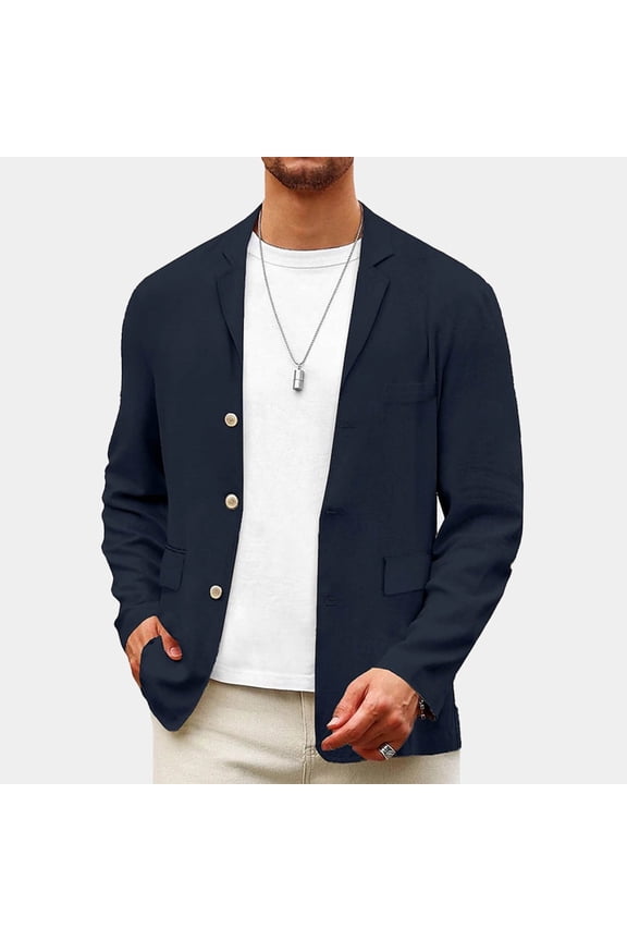 Men's Blazer Notch Lapel Sport Coat 3-Button Casual Jacket 100% Polyester Linen-Style Patch Pocket Blazer Business Casual Suit Jacket Sizes S to 3XL