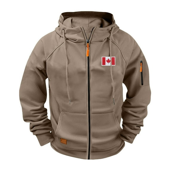 Levmjia Men's Canadian Flag Embroidered Workwear Hoodie 100% Polyester Japanese Sweatshirt Multi-Pocket Athletic Zip Up Raglan Sleeve Jacket S-4XL Brown