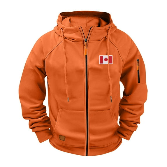 Levmjia Men's Canadian Flag Embroidered Workwear Hoodie 100% Polyester Japanese Sweatshirt Multi-Pocket Athletic Zip Up Raglan Sleeve Jacket S-4XL Orange