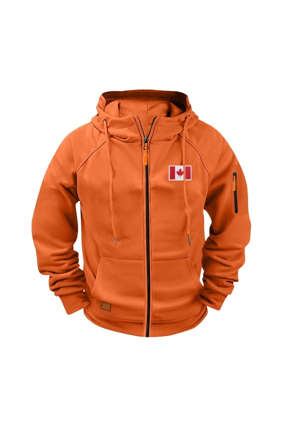 Men's Canadian Flag Embroidered Workwear Hoodie 100% Polyester Japanese Sweatshirt Multi-Pocket Athletic Zip Up Raglan Sleeve Jacket S-4XL Orange