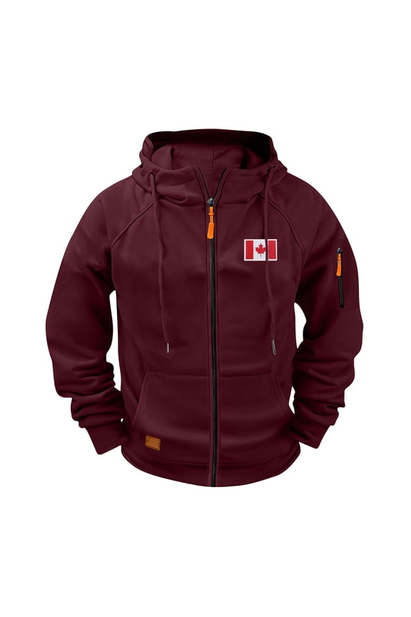 Men's Canadian Flag Embroidered Workwear Hoodie 100% Polyester Japanese Sweatshirt Multi-Pocket Athletic Zip Up Raglan Sleeve Jacket S-4XL Wine